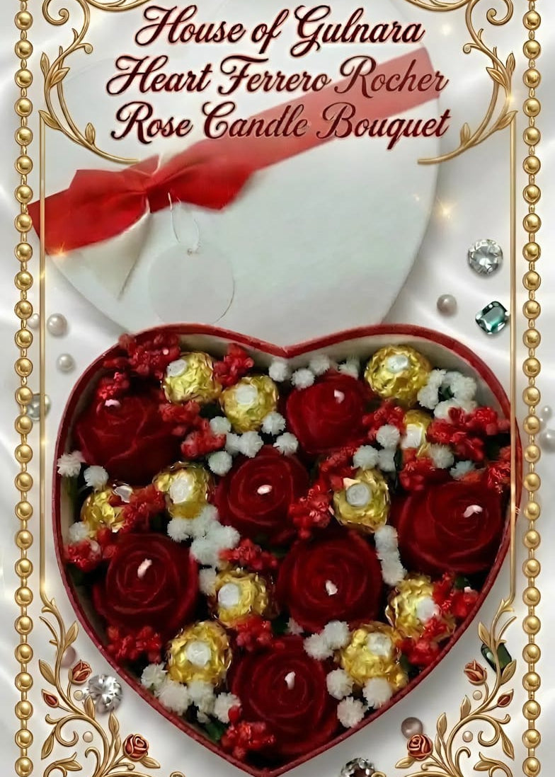 Heart-shaped box of Ferrero Rocher chocolates with roses and a bow, branded 'House of Gulnara'.