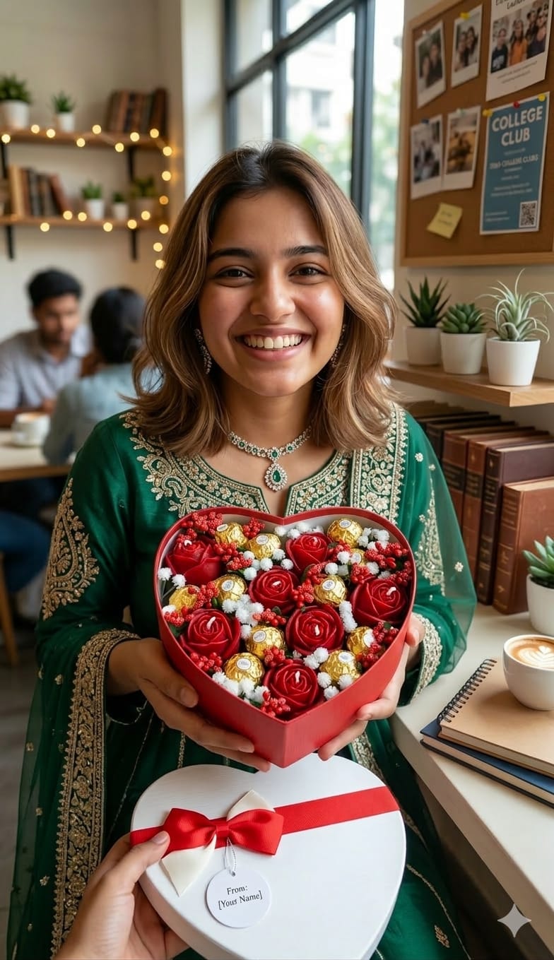 Woman holding a heart-shaped box of flowers in an indoor setting