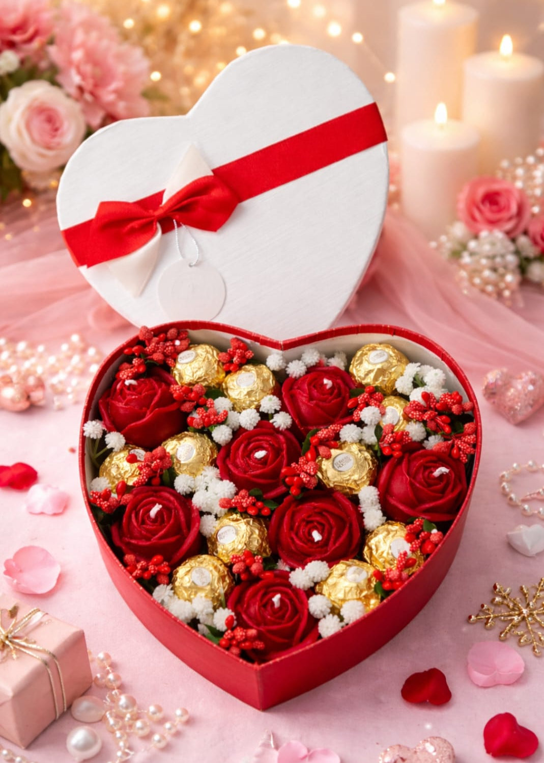 Heart-shaped box filled with red, gold, and white flowers on a pink background with candles and flowers.