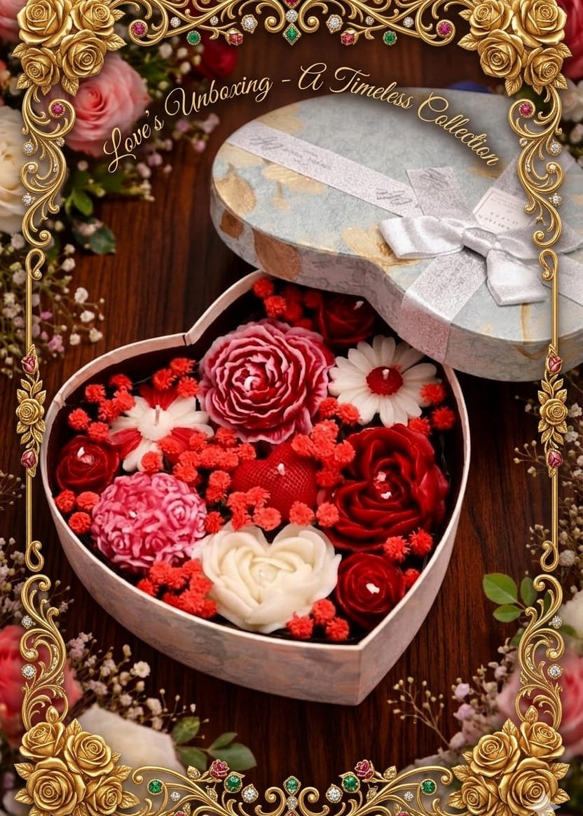 Heart-shaped box with red and pink flowers candle bouquet on a wooden surface, surrounded by decorative elements.