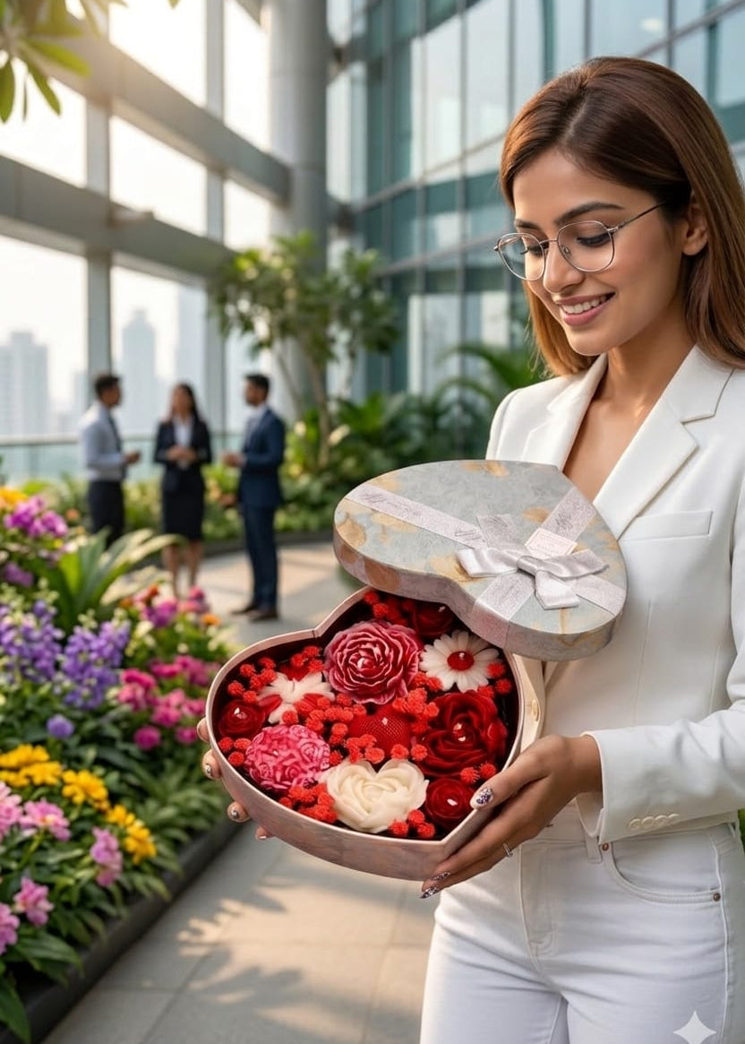 Woman holding a heart-shaped box with candle heart bouquets in an outdoor setting