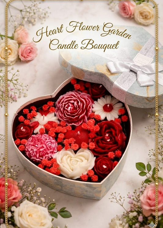 Heart-shaped candle bouquet with red, pink, and white flowers in a decorative box.