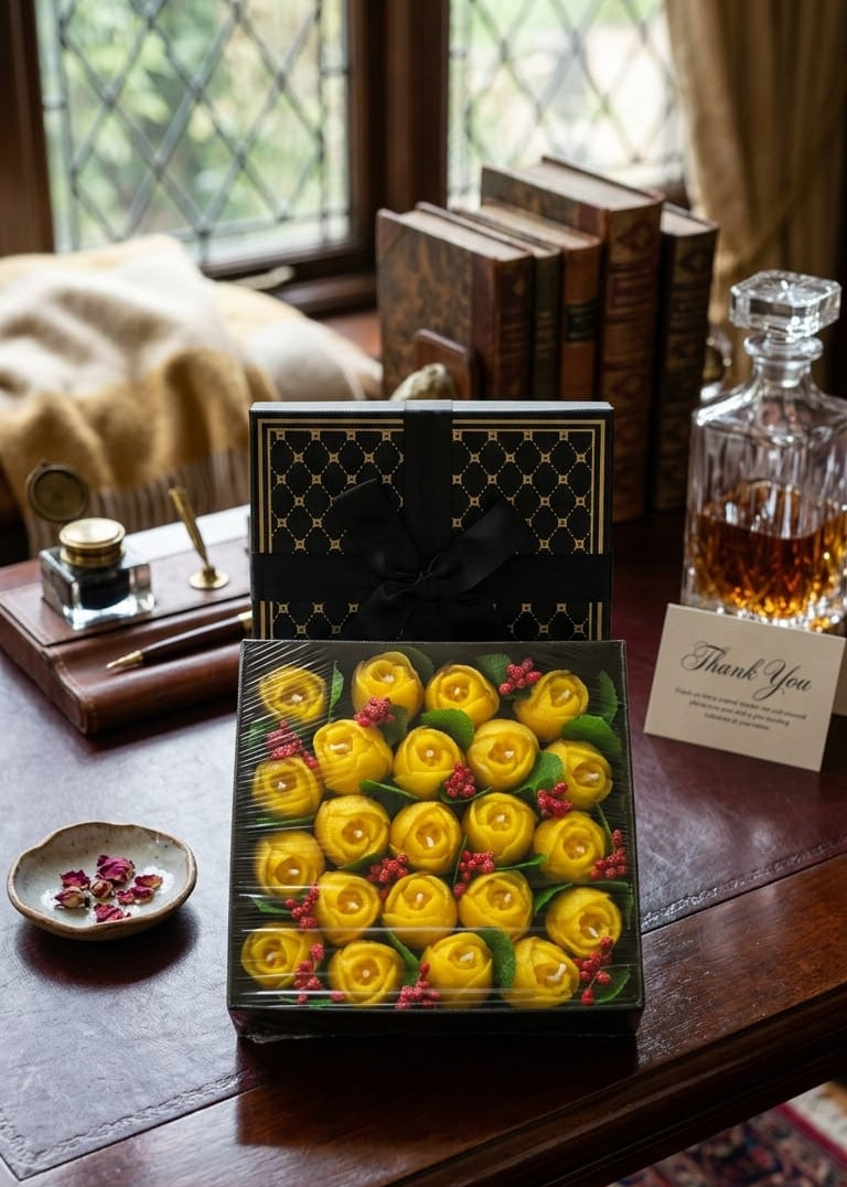 NOIR & GOLD YELLOW TULIP CANDLE  SQUARE BIG BOX BOUQUET