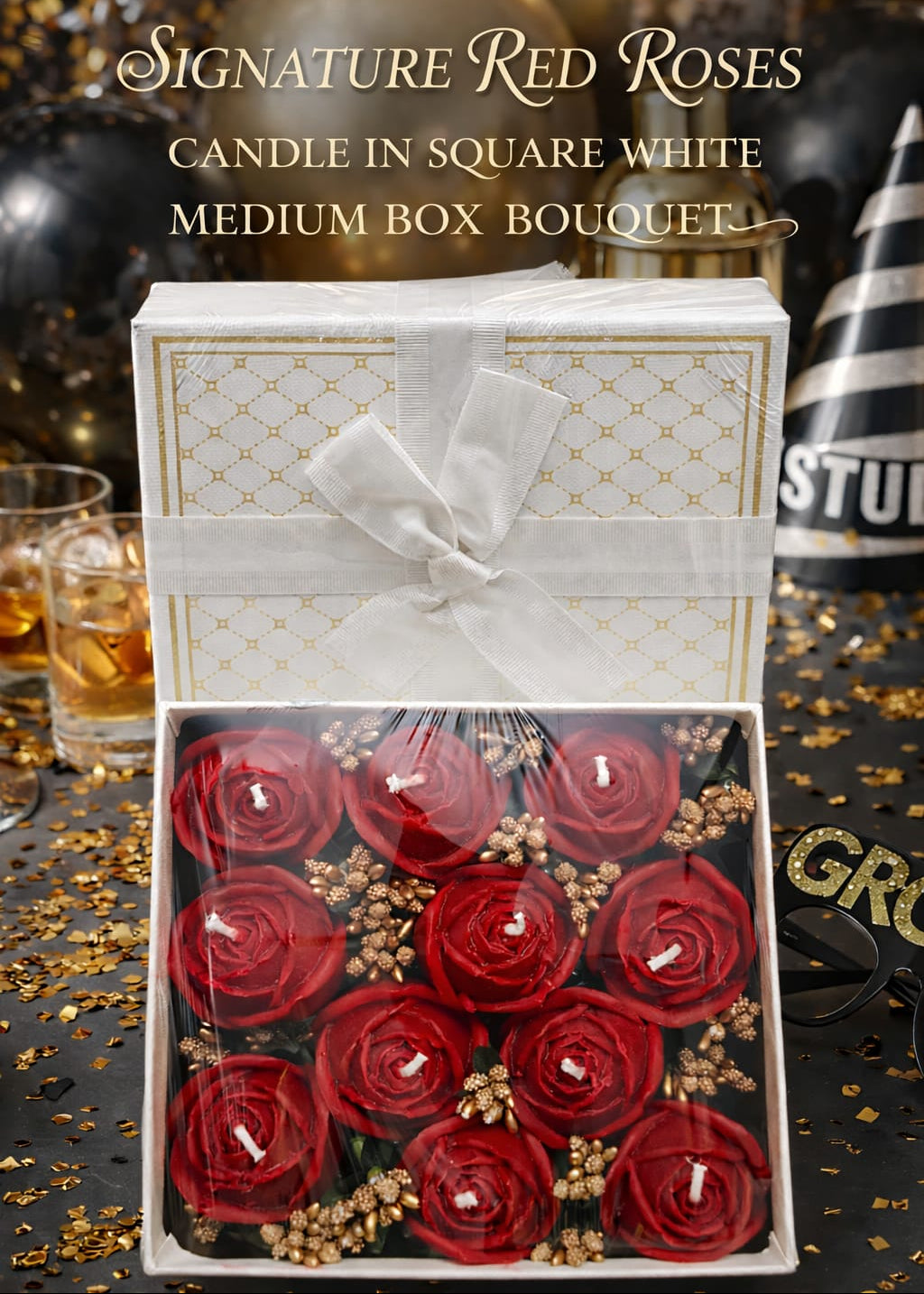 SIGNATURE RED ROSES  CANDLE IN SQUARE  WHITE MEDIUM BOX  BOUQUET