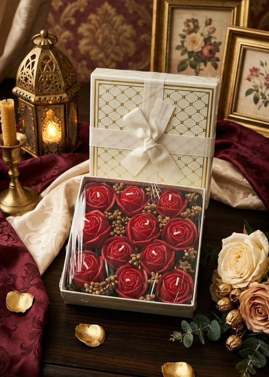 Decorative box with red rose candles and gold leaves on a romantic setting with candles and flowers.