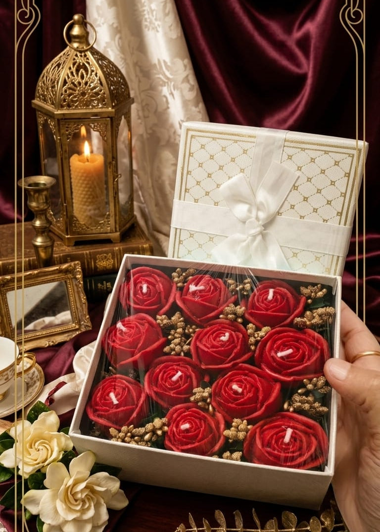 Box of red rose-shaped candles with a decorative setting