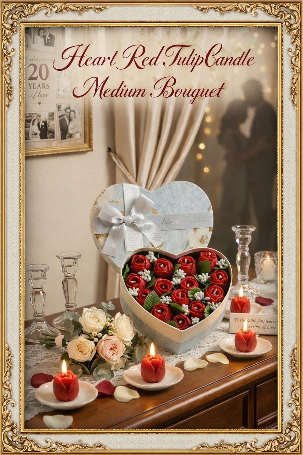 Heart-shaped box of red tulips with candles on a table, decorative frame.
