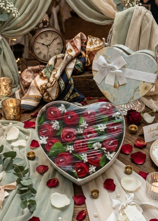 Heart-shaped box of chocolates with red  tulip candles on a decorative table with candles and flowers.