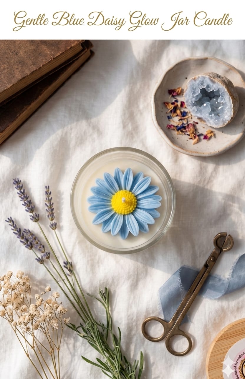 Gentle Blue Daisy Glow Jar Candle on a textured surface with lavender and dried flowers.