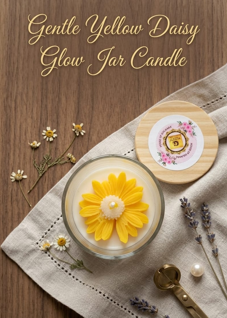 Glow jar candle with yellow daisy candle decoration on a wooden surface with text 'Gentle Yellow Daisy Glow Jar Candle'.