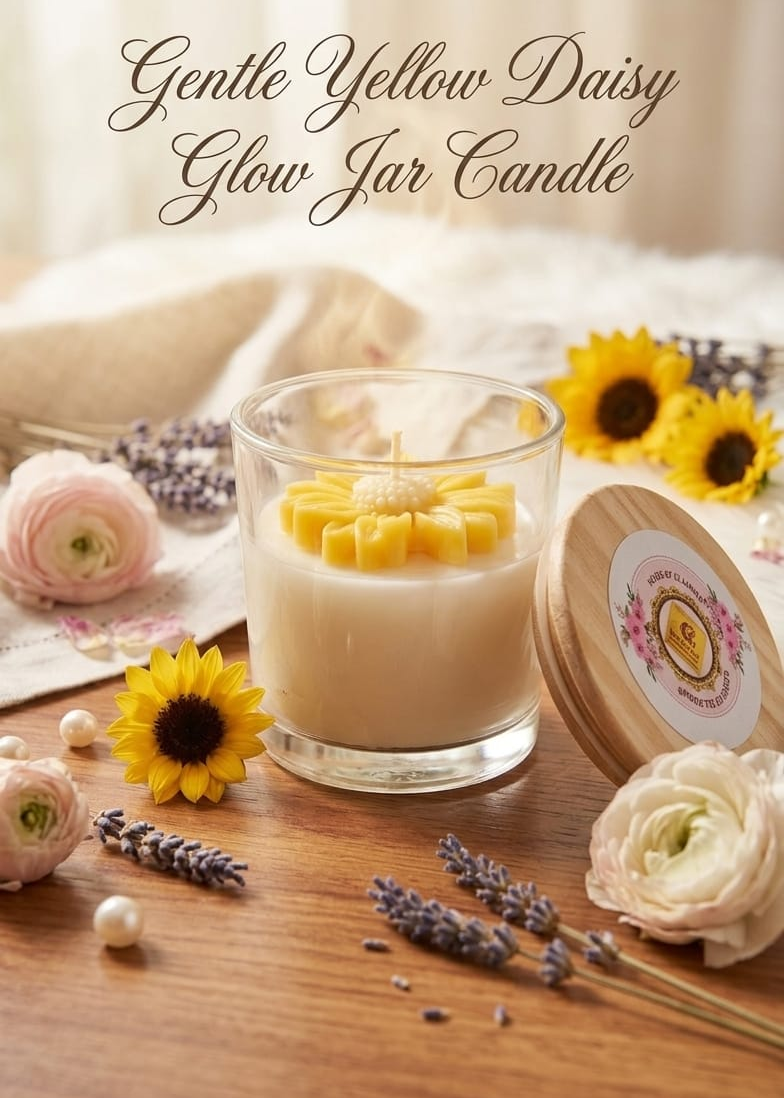 Gentle Yellow Daisy Glow Jar Candle on a wooden surface with flowers and lavender.