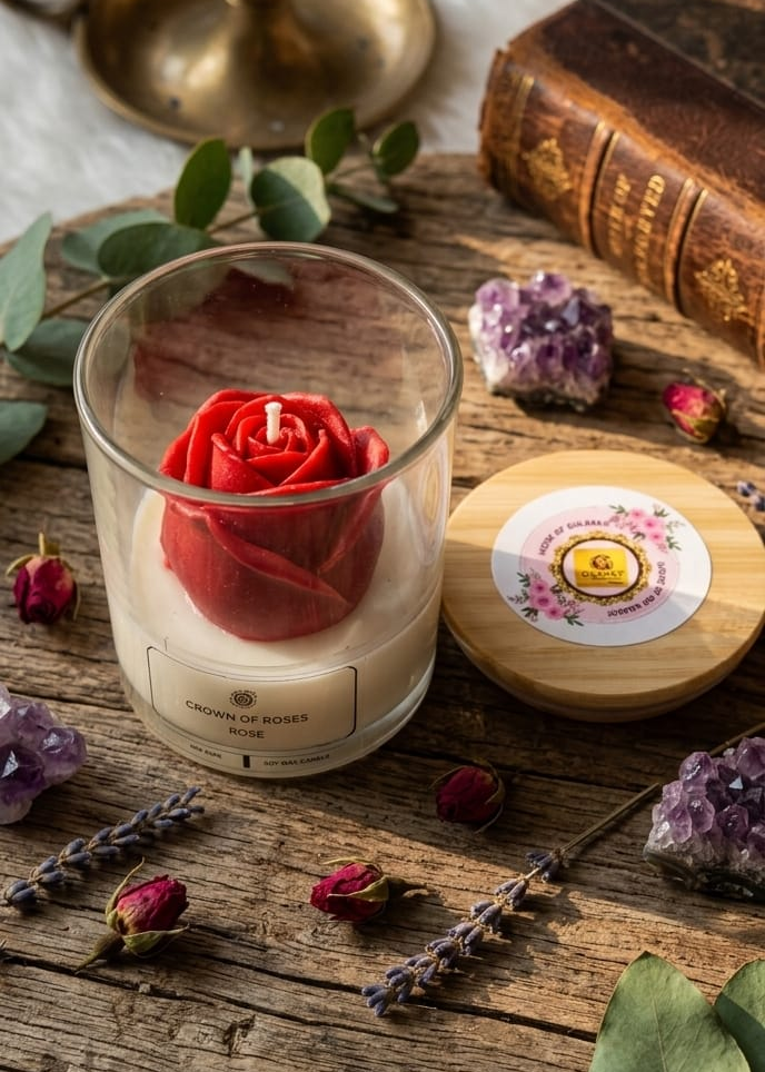 Candle with a red rose inside on a wooden surface with books and flowers.