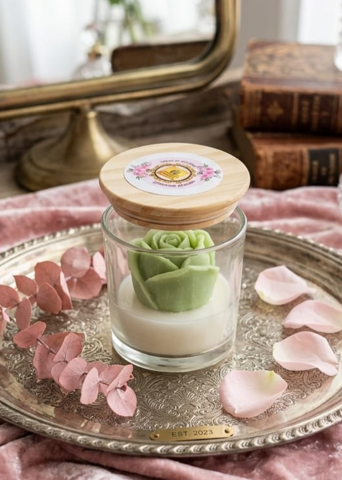 Decorative green rose candle in a glass jar on a tray with flowers and books in the background