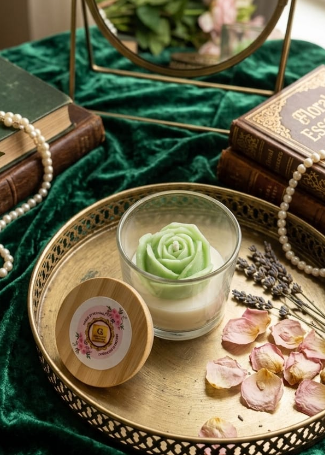 Decorative setting with a rose green candle, small bowl, and mirror on a green surface.