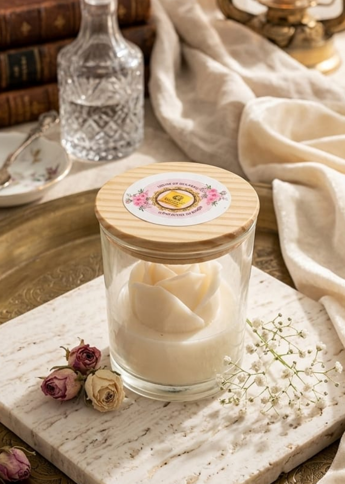white rose Candle in a glass jar with a decorative lid on a stone surface, surrounded by books and a lantern.