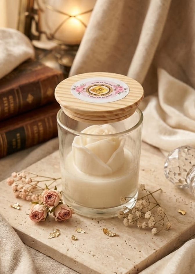 white rose Candle in a jar with decorative lid on a wooden board, surrounded by books and flowers.
