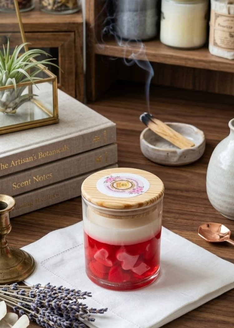 Jar of red liquid with wooden lid on a wooden surface with books, candles, and lavender.