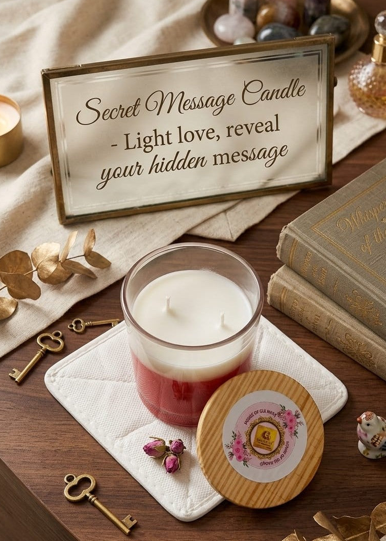 Secret message candle with a sign and decorative items on a wooden surface