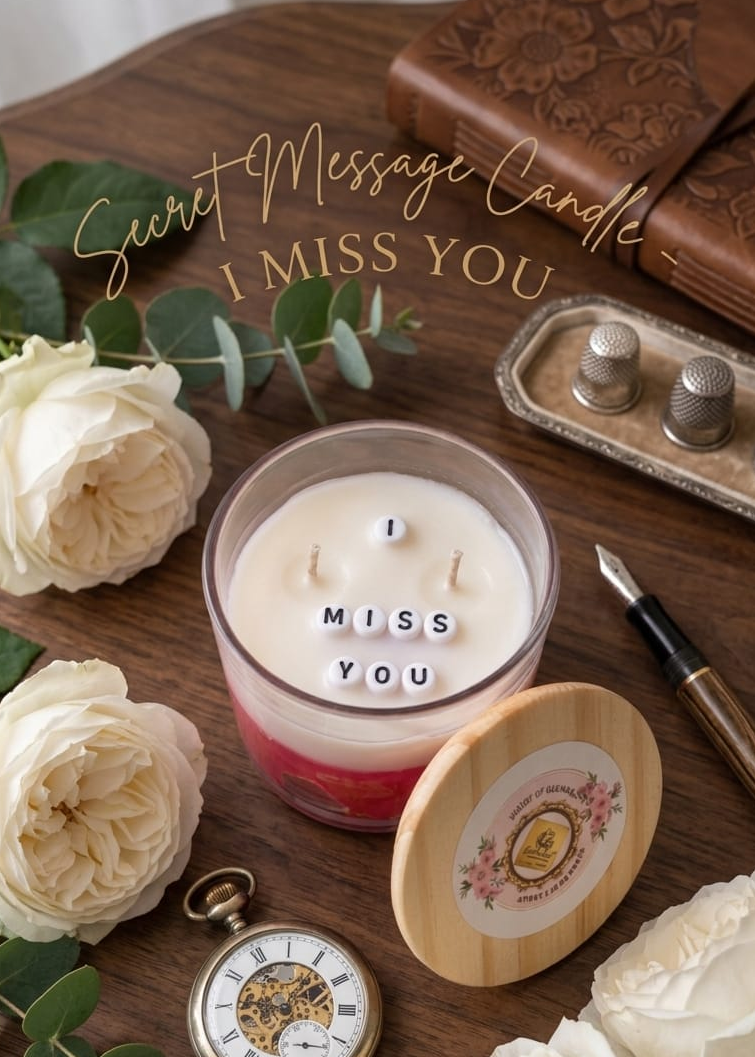 Candle with 'Miss You' message, surrounded by white flowers and decorative items on a wooden surface.