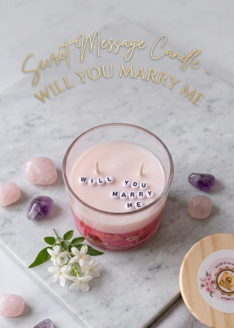 Candle with 'Will You Marry Me' secret message on a marble surface with crystals and flowers.