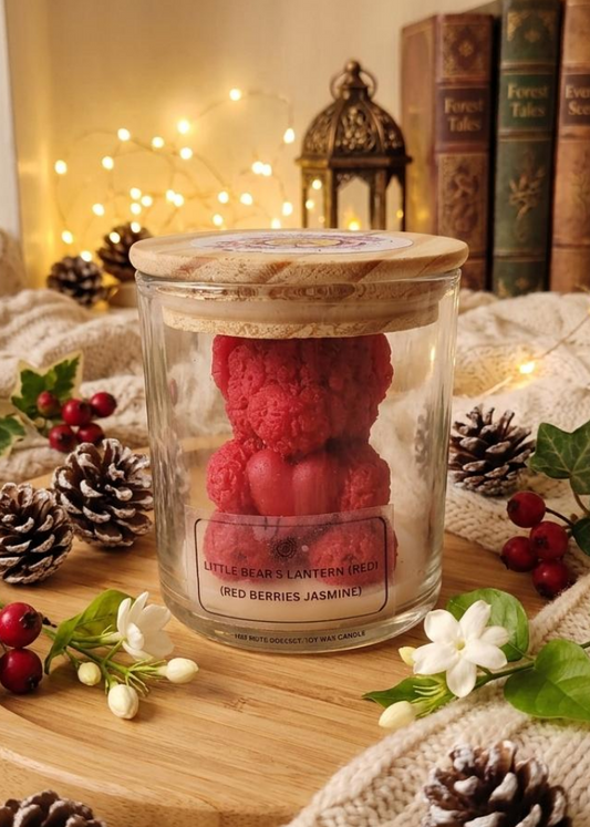 Jar of red berries with a wooden lid on a festive background with lights and books.