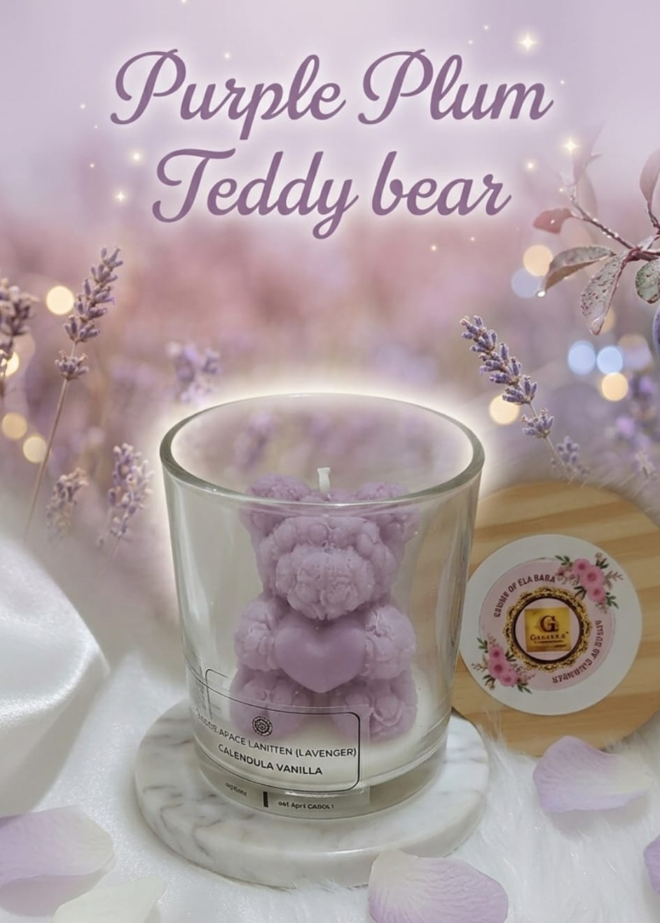 Purple teddy bear candle with decorative elements on a soft background
