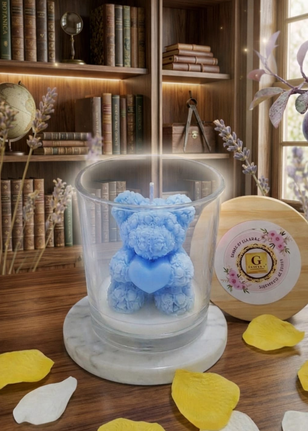 Blue teddy bear in a glass jar on a wooden surface with decorative elements.