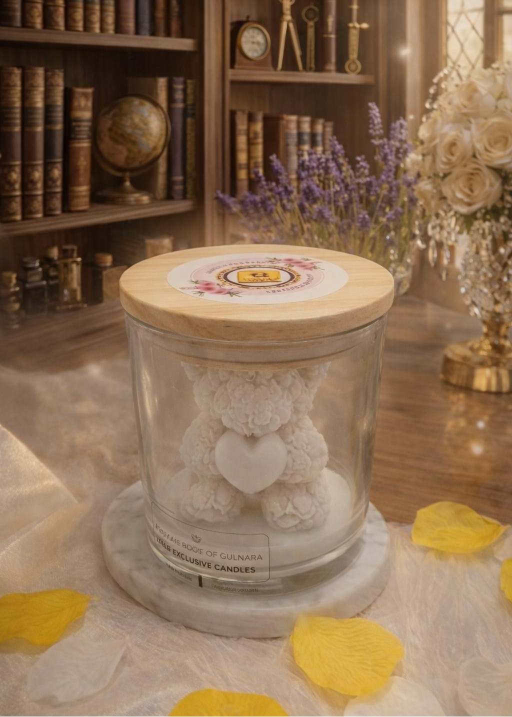 Glass jar with a wooden lid containing a decorative bear, placed on a surface with yellow petals and a bookshelf in the background.