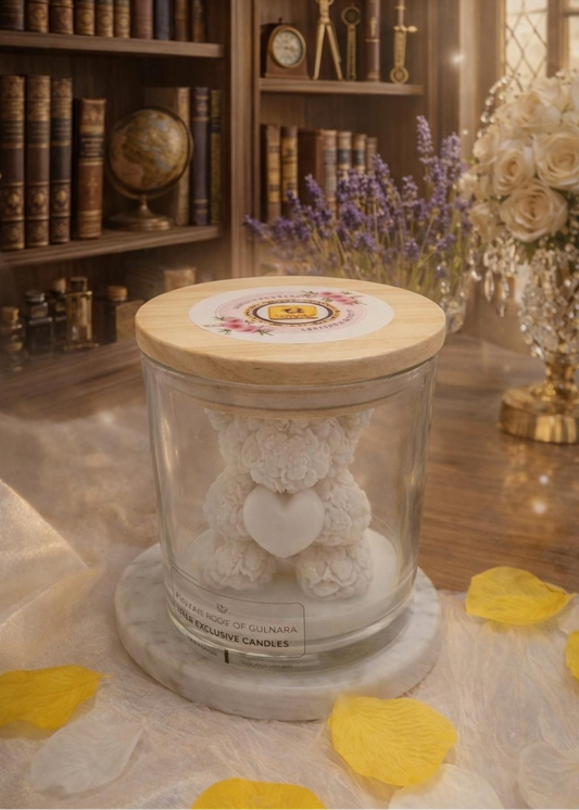 Glass jar with a wooden lid containing a decorative bear, placed on a surface with yellow petals and a bookshelf in the background.