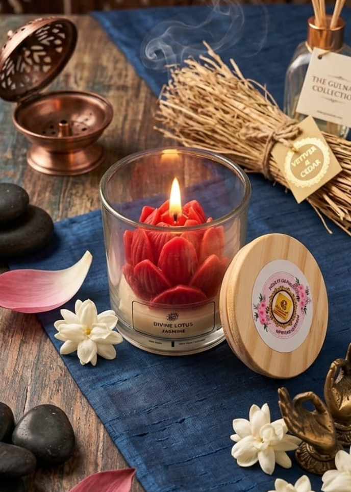 Candle with red flower design on a wooden table with decorative items.