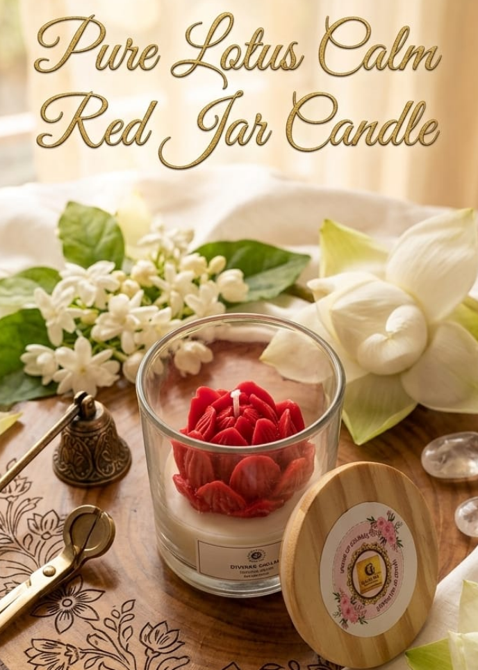 Red jar candle with decorative elements on a wooden surface, featuring text 'Pure Lotus Calm Red Jar Candle'.