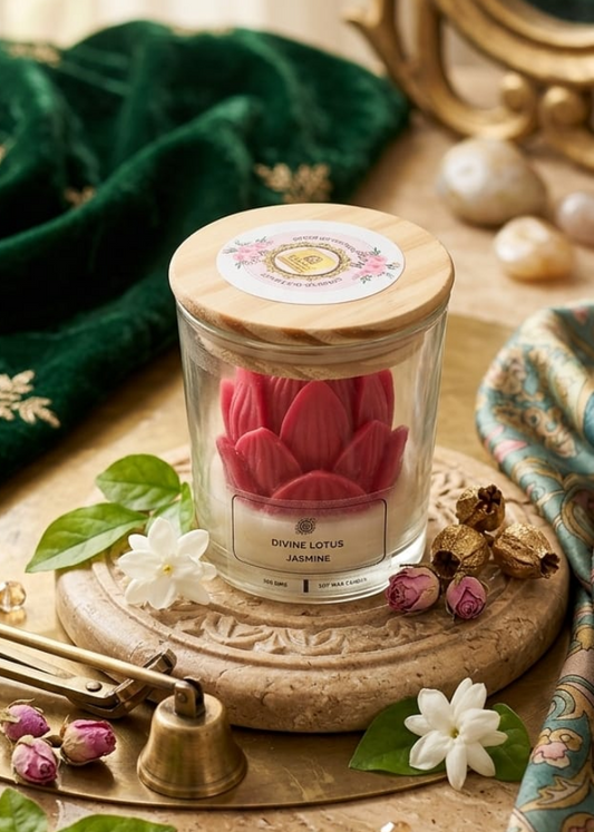 Decorative candle with wooden lid on a wooden surface with greenery and jewelry.