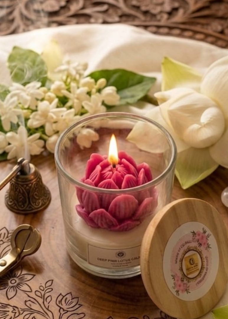Pink lotus flower-shaped candle in a glass jar with a wooden lid, surrounded by white flowers and green leaves on a wooden surface.