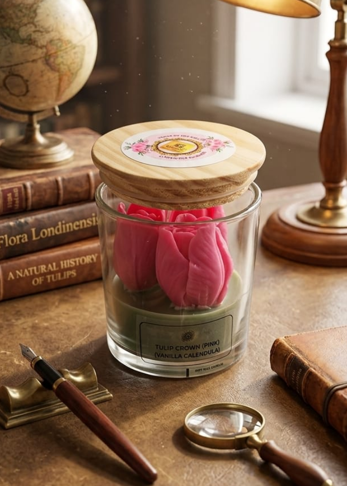 Jar with pink flower on a desk with books, globe, and lamp in the background