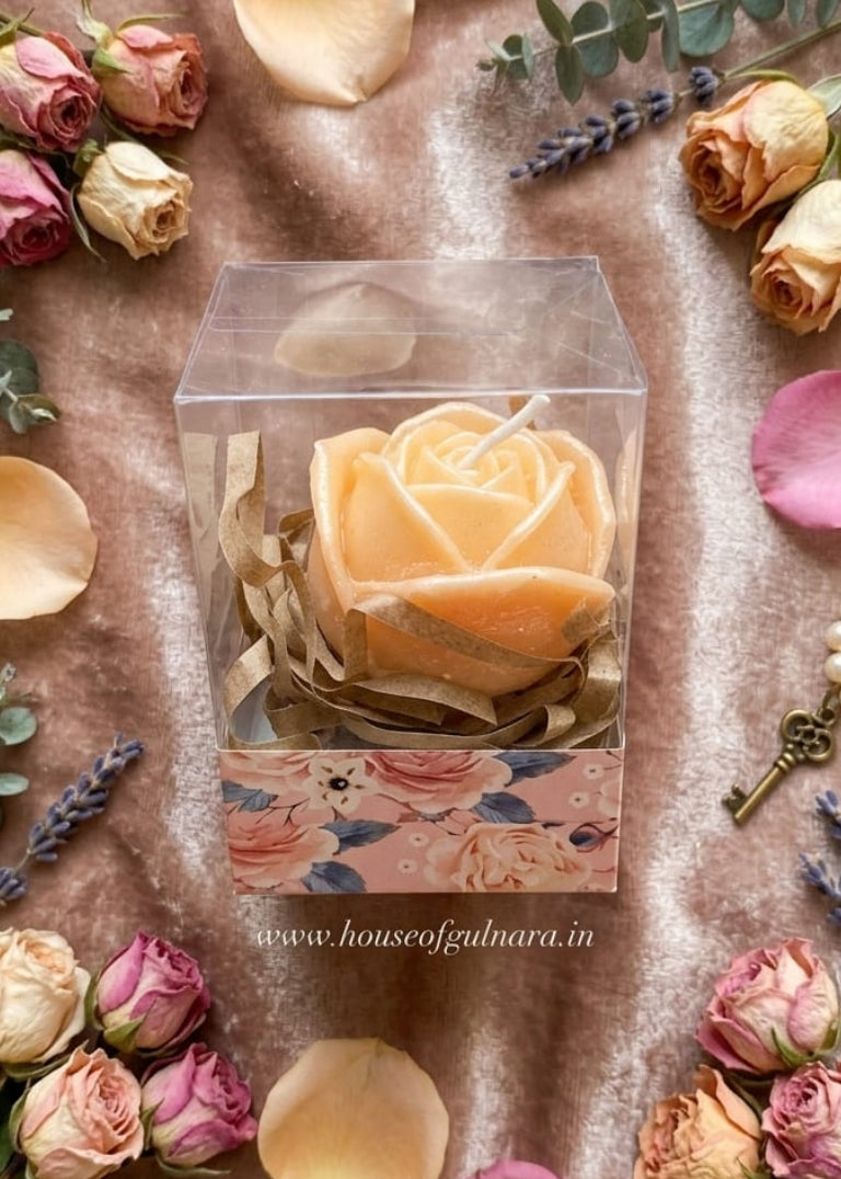 Gift box with a rose surrounded by flowers and petals on a textured surface