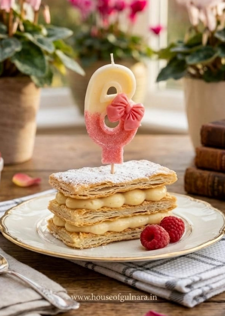 Decorative cake with a number 6 candle and pink bow, surrounded by flowers and raspberries on a wooden table.