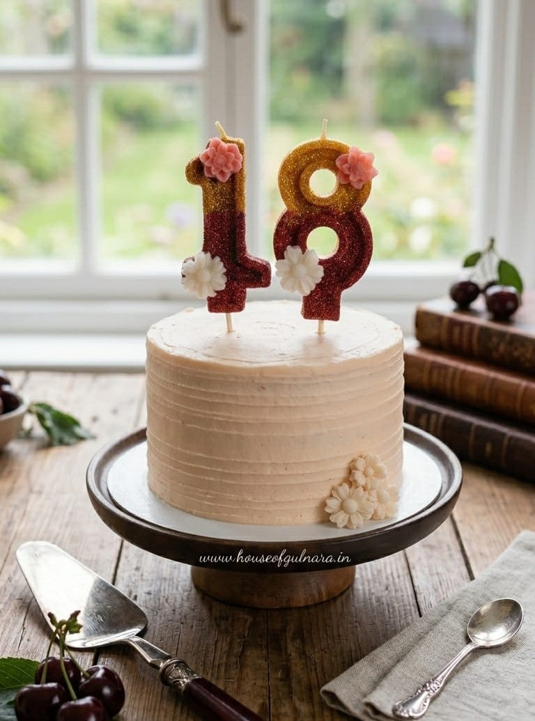 Five Number Floral Glitter Candle with Stick – Cake Topper
