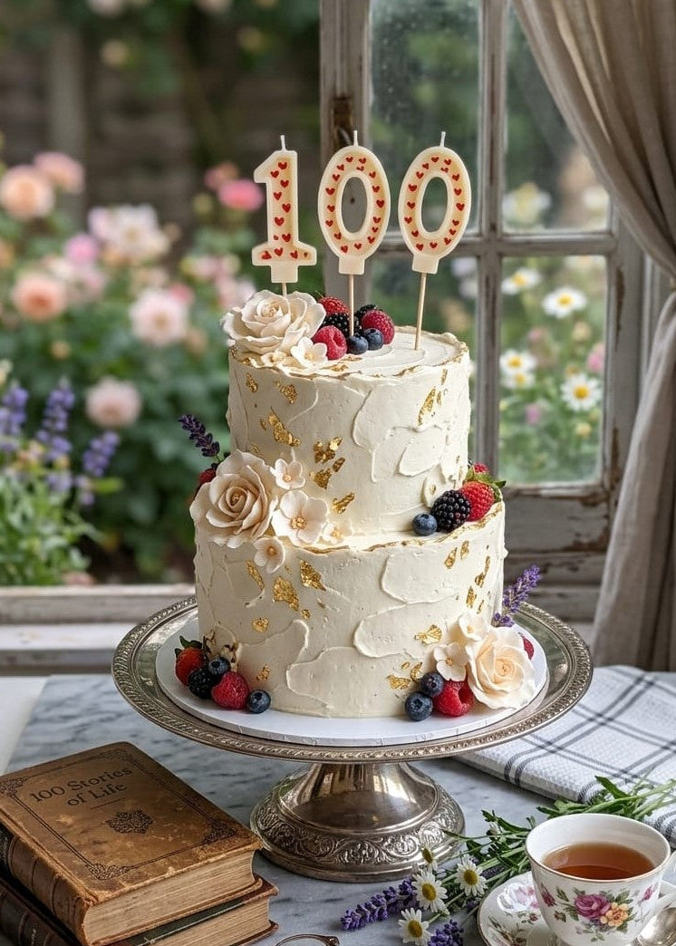 Decorative birthday cake with number candles on a silver cake stand, set against a garden backdrop.