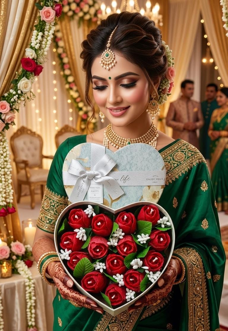 Woman in traditional attire holding a heart-shaped box of red roses in a decorated indoor setting.