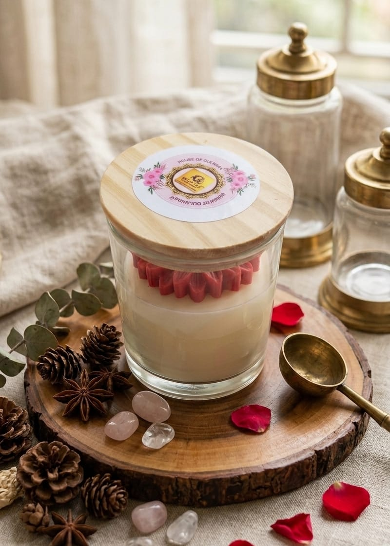 Glass daisy red candle with wooden lid on a wooden board with decorative elements