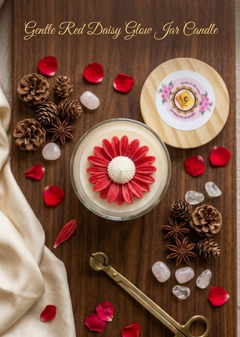 Gentle Red Daisy Glow Jar Candle on a wooden board with decorative elements
