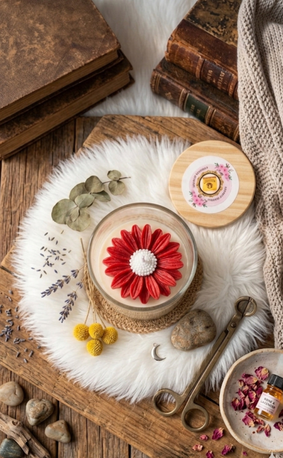 Decorative dessert with red flower on a wooden tray with books and natural elements.