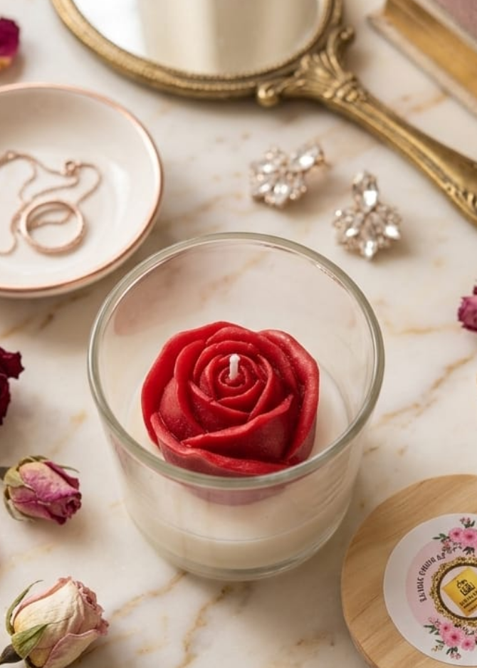 Decorative setting with a rose candle, rose, and small mirror on a marble surface.