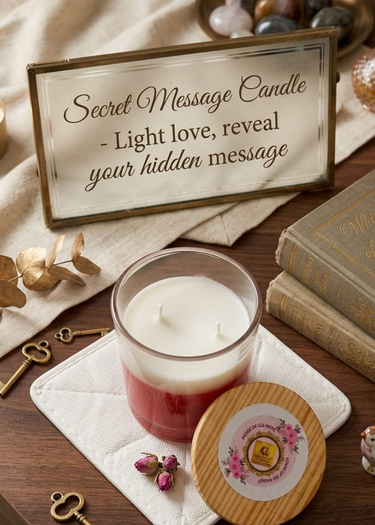 Secret message candle on a wooden surface with decorative items and a sign.