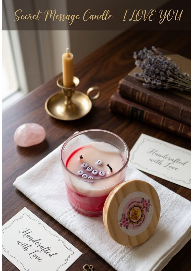 Secret message candle labeled 'I LOVE YOU' on a wooden surface with decorative items.