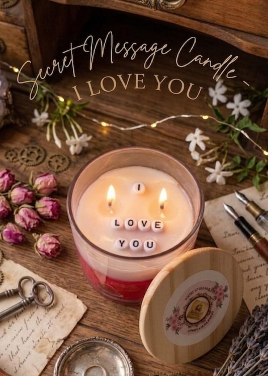 Candle with 'I Love You' message IN A GLASS JAR CANDLE on a wooden surface with decorative elements