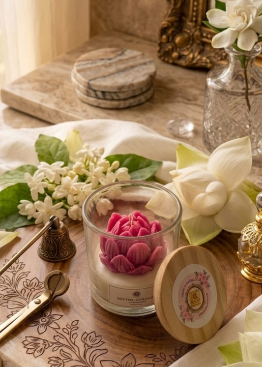 Decorative setting with lotus  flowers, candles, and a mirror on a table.