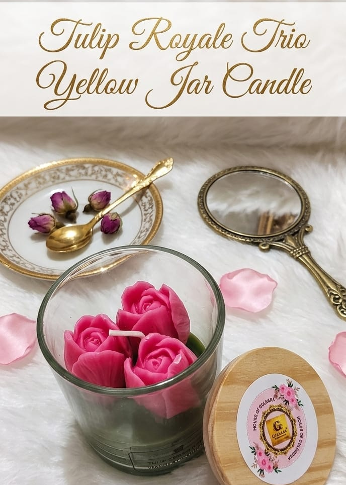 Tulip Royale Trio pink Jar Candle with decorative elements on a textured surface