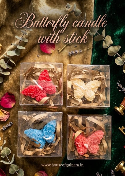 Butterfly candles with sticks on a decorative background with flowers and textures.