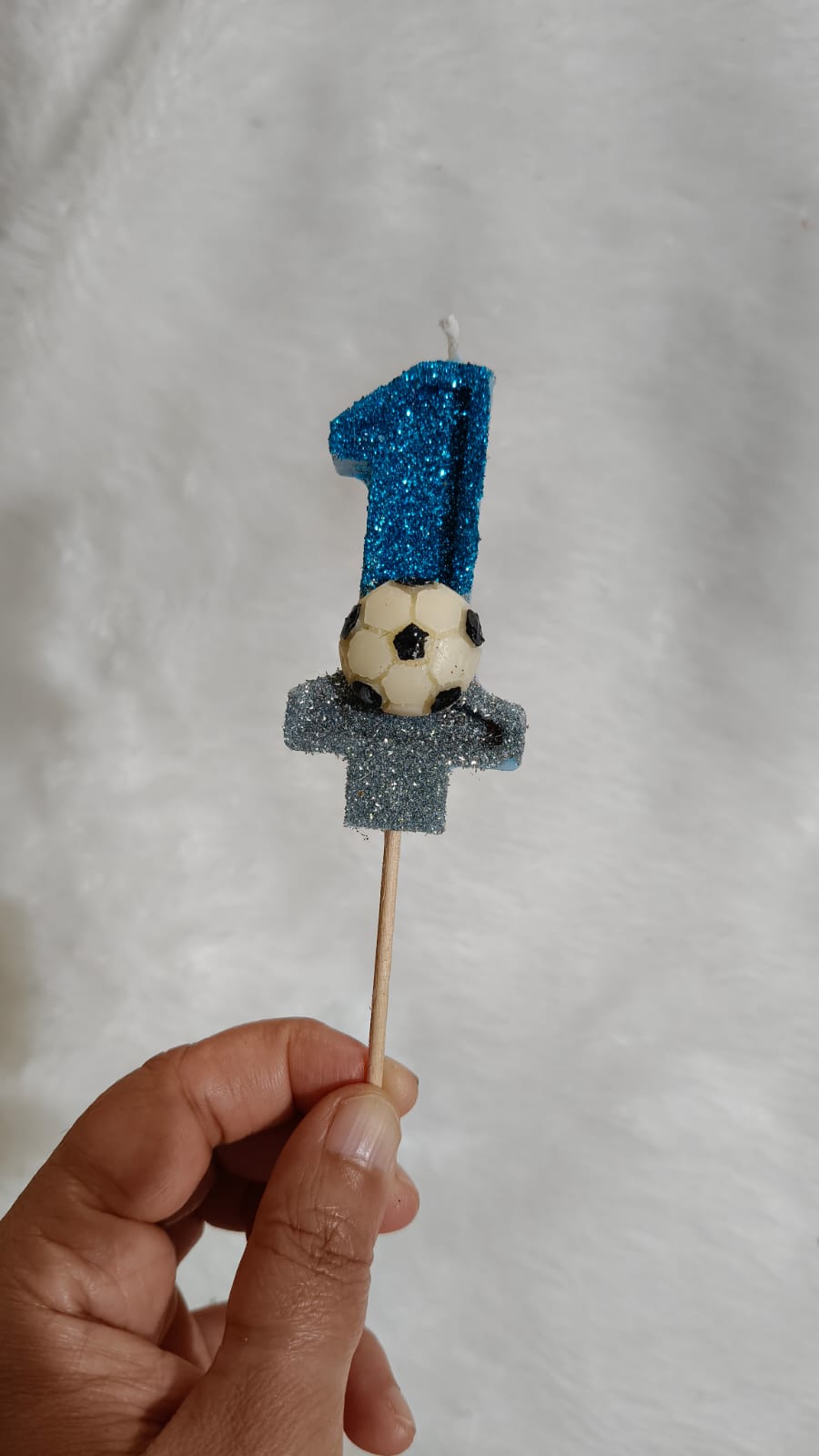 ONE BLUE FOOTBALL GLITTER  NUMBER DESIGNER CANDLE WITH STICK